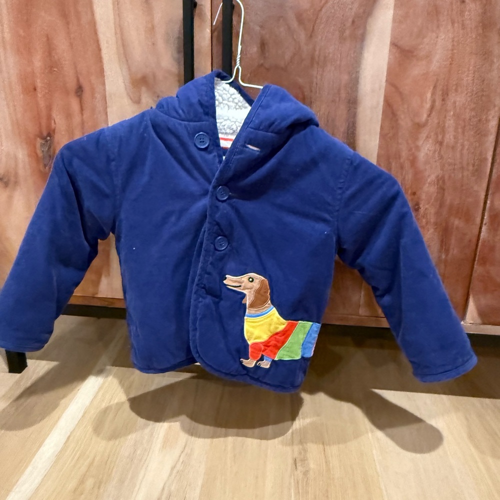 Boden Kids Navy Puffer Jacket with Colorful Dog Patch